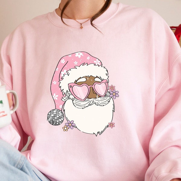 Disco Black Santa Sweatshirt, Black Santa Hoodie, Funny Santa Claus Sweater, Christmas Pink Santa Hoodie, Christmas Black Santa Shirt