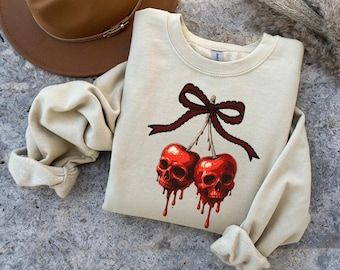 Bluza z czaszką i wiśnią na Halloween, sweter w stylu vintage z upiorną wiśnią, uroczy T-shirt w stylu retro na Halloween, bluza z kapturem z czaszką wiśniową, koszulki z czaszkami na Halloween