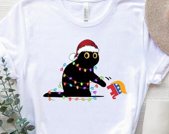 Kamala Harris 2024 Christmas Victory Shirt, Black Cat Lights Christmas Tee, Anti-Trump Political Tee, Kamala Harris Christmas Gift