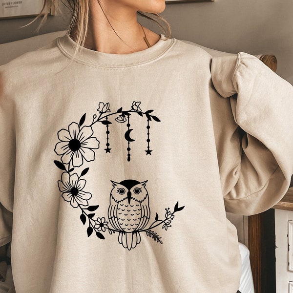 Floral Owl Moon Sweatshirt, Moon Owl Sweater, Owl Moon Hoodie, Celestial Moon Sweater, For Owl Lover Shirt, Crescent Moon Sweater, Owl Tee