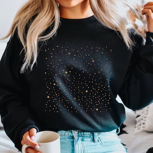 Golden Stars Sweatshirt, Crescent Stars Sweater, Mystical Stars And Moon Hoodie, Celestial Shirts, Gold Magical Stars Sweater, Mystical Tee