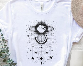 Mystic Moon Planets Sun Shirt, Celestial Gold Crescent Moon Shirt, Mystic Moon Shirt, Astrology Shirt, Spiritual Moon Shirt, Occult Shirts