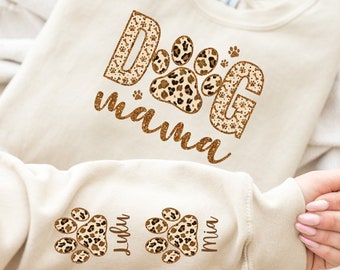 Custom Leopard Dog Mama Sweatshirt, Custom Dog Mom Sweater, Dog Name On Sleeve Hoodie, Dog Names Mom Tee, Dog Mom Gift, Cute Dog Mom Shirt