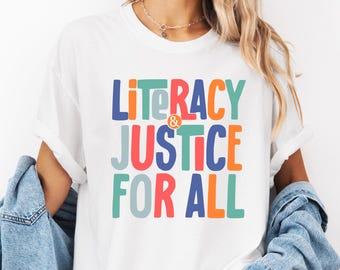 Sudadera de lectura para mujer, suéter de alfabetización y justicia para todos, camiseta de maestra, camiseta de club de lectura, camiseta de maestra de lectura, camiseta de bibliotecaria escolar