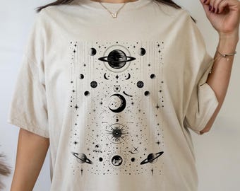 Gold Mystic Moon Sun Planets Shirt, Mystical Space Shirt, Moon Phase T-Shirt, Boho Moon Shirt, Celestial Moon Shirt, Spiritual Witchy Shirt