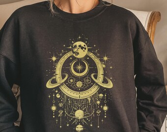 Mystic Moon Planets Sun Sweatshirt, Celestial Gold Crescent Moon Sweater, Solar System Shirt, Astrology Shirt, Astronomy Shirts Celestial