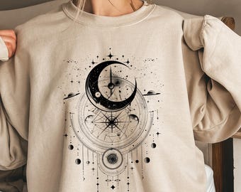 Mystic Moon Planets Sun Sweatshirt, Celestial Gold Crescent Moon Sweater, Solar System Shirt, Astrology Shirt, Astronomy Shirts Celestial