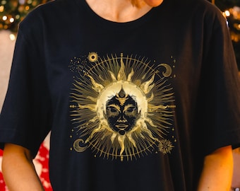 Celestial Woman Shirt, Sun Goddess Woman T-Shirt, Spiritual Woman Shirt, Golden Sun Shirts, Mystic Moon Sun Shirt, Mystical Witchy Shirt
