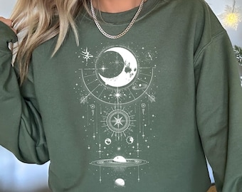 Golden Mystic Moon Planets Sun Sweatshirt, Celestial Gold Crescent Moon Sweater, Solar System Shirt, Astrology Shirt, Astronomy Sweatshirts