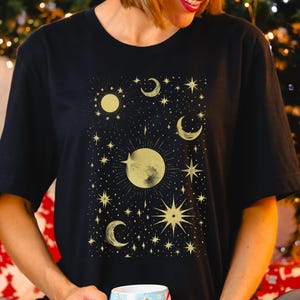 Mystic Moon And Star Shirt, Celestial Gold Moon Tee, Crescent Moon Starry Shirt, Mystical Moon Shirt, Astrology Shirt, Spiritual Moon Shirt