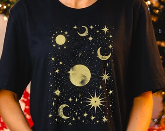 Mystic Moon And Star Shirt, Celestial Gold Moon Tee, Crescent Moon Starry Shirt, Mystical Moon Shirt, Astrology Shirt, Spiritual Moon Shirt