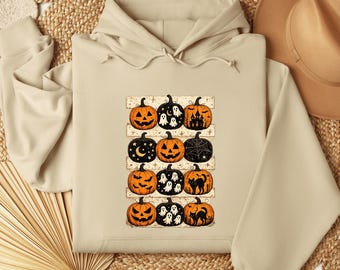 Halloween Pumpkin Sweatshirt, Retro Jack O Lantern Hoodie, Spooky Ghost and Black Cat Sweater, Vintage Halloween Graphic Shirt, Fall Gift