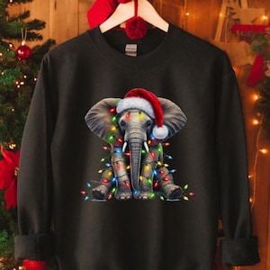 Elephant Christmas Lights Sweatshirt, Elephant Xmas Sweater, Holiday Elephant Hoodie, Wild Animals Holiday Shirt, Xmas Elephant Hoodie