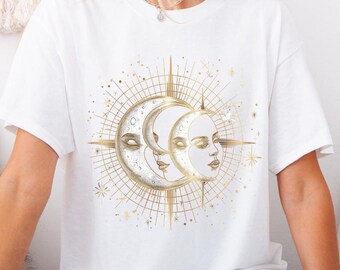 Gold Mystic Moon Shirt, Mystical Moon Shirt, Moon Phase T-Shirt, Crescent Moon Stars Shirt, Celestial Moon Shirt, Spiritual Witchy T-Shirt