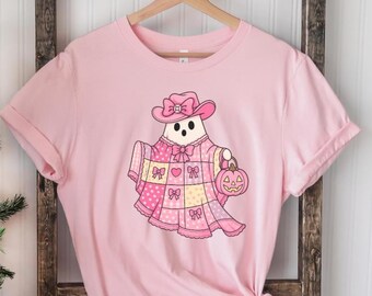 Camiseta de fantasma con lazo rosa, camiseta de fantasma para niña, camiseta divertida de Bo, camiseta de Halloween, camiseta rosa de Halloween, camiseta linda de Halloween, camiseta de temporada espeluznante