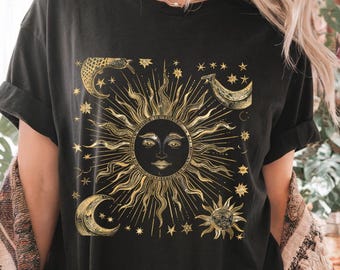 Złota koszulka Mystic Moon And Sun, Koszulka Mistical Sun, Koszulka z fazami księżyca, Koszulka Boho Vintage Sun, Koszulka Celestial Sun, Koszulka Spiritual Witchy