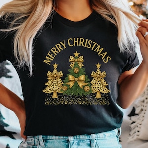 Leopard Print Christmas Tree Shirt, Glitter Merry Christmas T-Shirt, Winter Shirts, Cute Christmas Tee, Womens Christmas, Xmas Tree Shirt