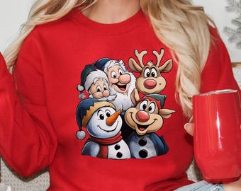Cute And Funny Christmas Sweatshirt, Santa Claus With Elf Sweater, Snowman Reindeer Santa Tee, Cool Christmas Shirt, Funny Santa Hoodie