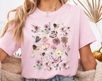 Pressed Flowers T-Shirt: Boho Botanical Wildflower Butterfly Tee