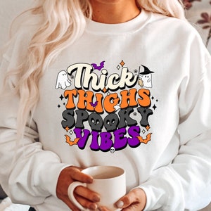 Thick Thighs Spooky Vibes Sweatshirt, Spooky Vibes Hoodie, Spooky Season Shirts, Halloween Sweatshirt, Cute Halloween Hoodie, Ghost Sweater