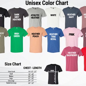 May include: Unisex t-shirt color chart with 16 different colors, including black, white, heather olive, irish green, heather peach, heather true royal, pink, heather maroon, heather raspberry, and red. The chart also includes a size chart with chest and length measurements in inches.