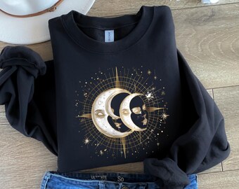 Gold Mystic Moon Sweatshirt, Mystical Moon Sweater, Moon Phase Hoodie, Crescent Moon Stars Shirt, Celestial Moon Shirt, Spiritual Witchy Tee