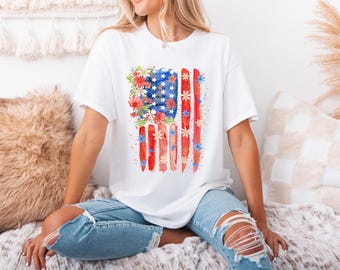 Floral American Flag Shirt, Floral American 4th of July Shirt, Independence Day Shirt, Patriotic Floral Shirt, USA Flag Shirt, Gift For Her