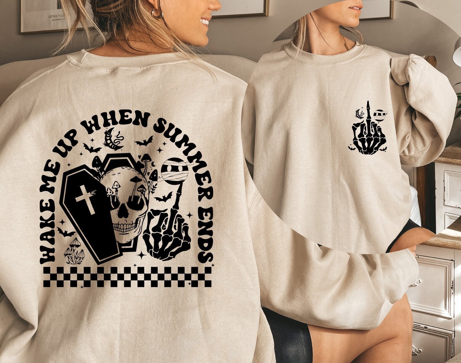 Wake Me Up When Summer Ends Sweatshirt, Halloween Sweatshirt, Spooky Season Hoodie, Funny Skeleton Horror Sweater, Funny Skeleton Sweatshirt