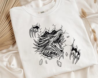 Vintage Dragon Shirt, Dragon On The Wall T-Shirt, Dark Medieval Shirt, Artsy Shirt, Gift For Fantasy Reader, Castlecore Dragon Lover Gift