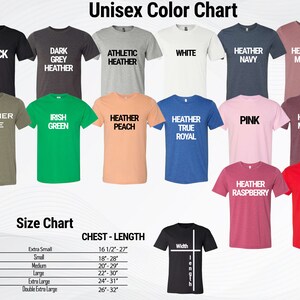 May include: Unisex t-shirt color chart with 16 different colors, including black, white, heather olive, irish green, heather peach, heather true royal, pink, heather maroon, heather raspberry, and red. The chart also includes a size chart with chest and length measurements in inches.