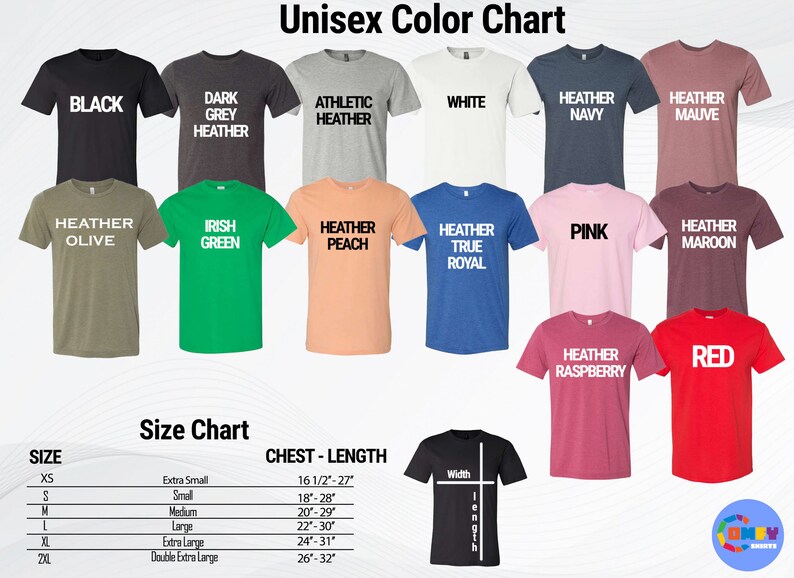 May include: Unisex t-shirt color chart with 16 different colors, including black, white, heather olive, irish green, heather peach, heather true royal, pink, heather maroon, heather raspberry, and red. The chart also includes a size chart with chest and length measurements in inches.