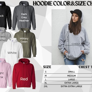 May include: Hoodie color and size chart with a model wearing a grey hoodie. The chart shows different hoodie colors, including black, dark grey heather, athletic heather, military green, white, light pink, and red. The chart also shows sizes from small to extra extra large with corresponding chest measurements in inches.