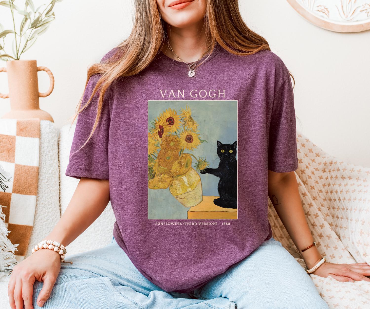 ゴッホのひまわり第3版猫Tシャツ、ヴィンテージアートTシャツ、黒猫T