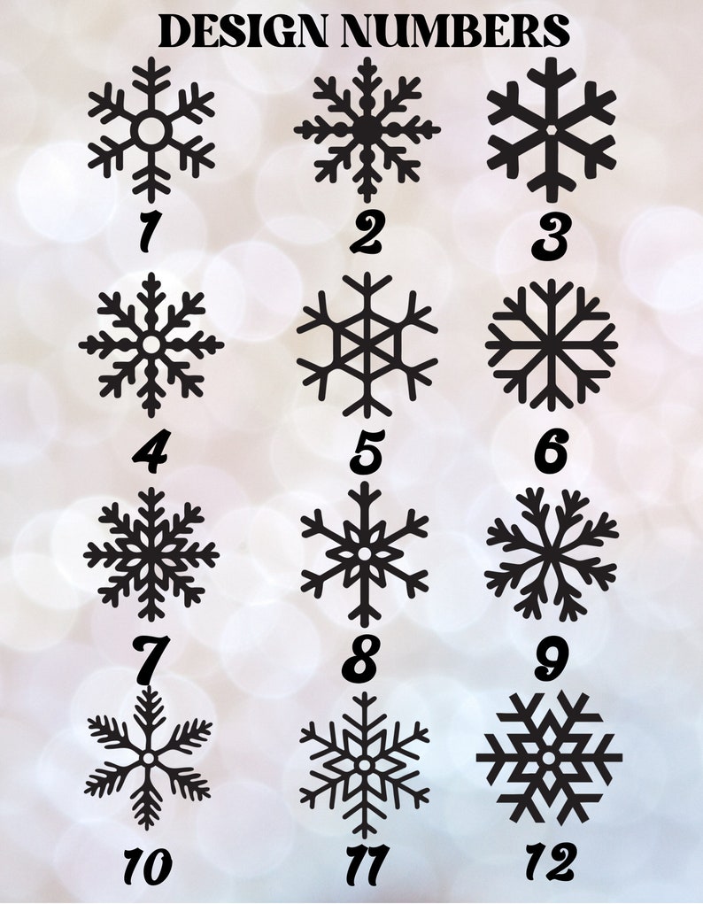 May include: Twelve different snowflake designs numbered 1 through 12. Each snowflake is black and has a unique design.