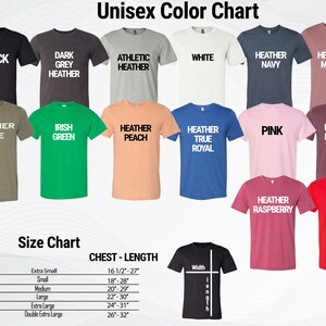 Puede incluir: Tabla de colores de camiseta unisex con 14 colores diferentes, incluyendo negro, blanco, azul marino jaspeado, oliva jaspeado y rojo. La tabla tambi&eacute;n incluye una tabla de tallas con medidas de pecho y largo en pulgadas.