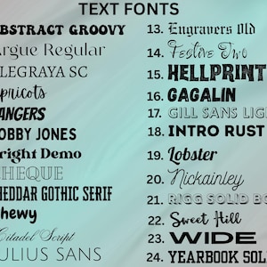 May include: A teal background displays a list of 24 text fonts. Each font is numbered and presented with its name, such as "Abstract Groovy," "Argue Regular," and "Bangers." The fonts vary in style, including serif, script, and bold options.