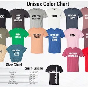 May include: A colour chart for unisex t-shirts, displaying colours such as black, heather grey, and red. The image includes a size chart with chest and length measurements in inches, and the text "Unisex Color Chart".