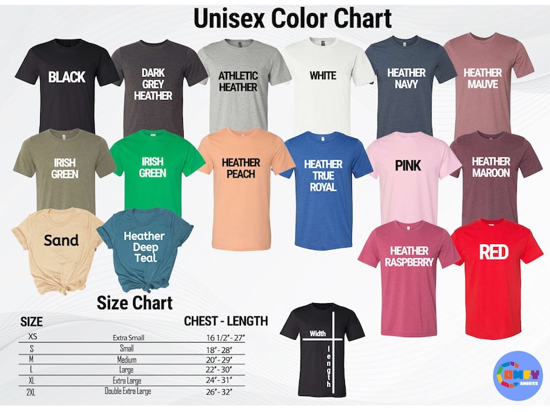 May include: A colour chart for unisex t-shirts, displaying colours such as black, heather grey, and red. The image includes a size chart with chest and length measurements in inches, and the text "Unisex Color Chart".