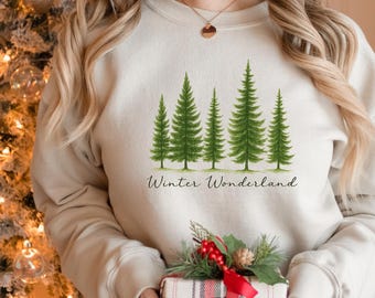 Felpa con albero di pino del paese delle meraviglie invernale, maglione con alberi di pino, felpa con cappuccio natalizia, maglietta con vibrazioni natalizie, maglione invernale con natura, maglietta accogliente con foresta