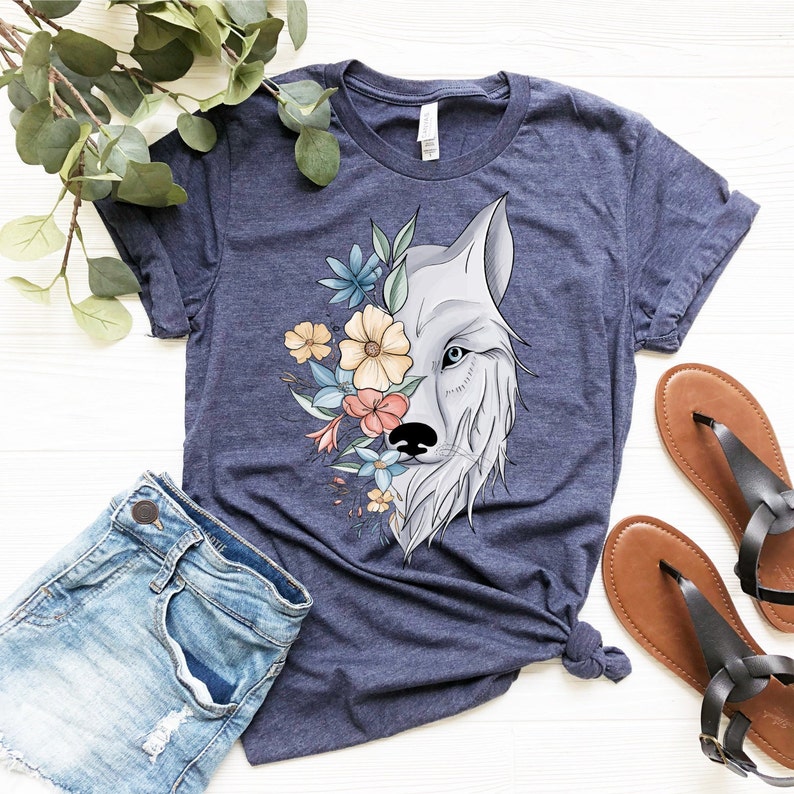 Floral White Wolf Shirt, Cute Wolf Shirt, Wolf Face T-shirt, Wolf Shirt ...