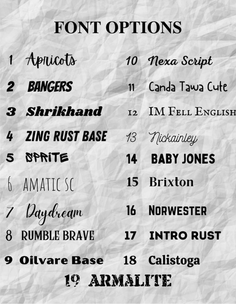 May include: A list of 19 font options for a design project. The fonts are listed in numerical order with the font name next to the number. The font names include Apricots, BANGERS, Shrikhand, ZING RUST BASE, SPRITE, AMATIC SC, Daydream, RUMBLE BRAVE, Oilvare Base, Nexa Script, Canda Tawa Cute, IM FELL ENGLISH, Nickainley, BABY JONES, Brixton, NORWESTER, INTRO RUST, Calistoga, and ARMALITE.