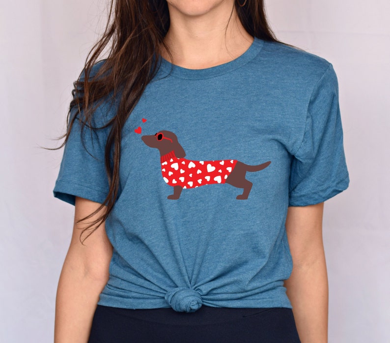 Puede incluir: Una camiseta azul turquesa con un dachshund marr&oacute;n que lleva un su&eacute;ter rojo con corazones blancos y gafas de sol en forma de coraz&oacute;n rojo. Tres corazones rojos flotan sobre el dachshund.
