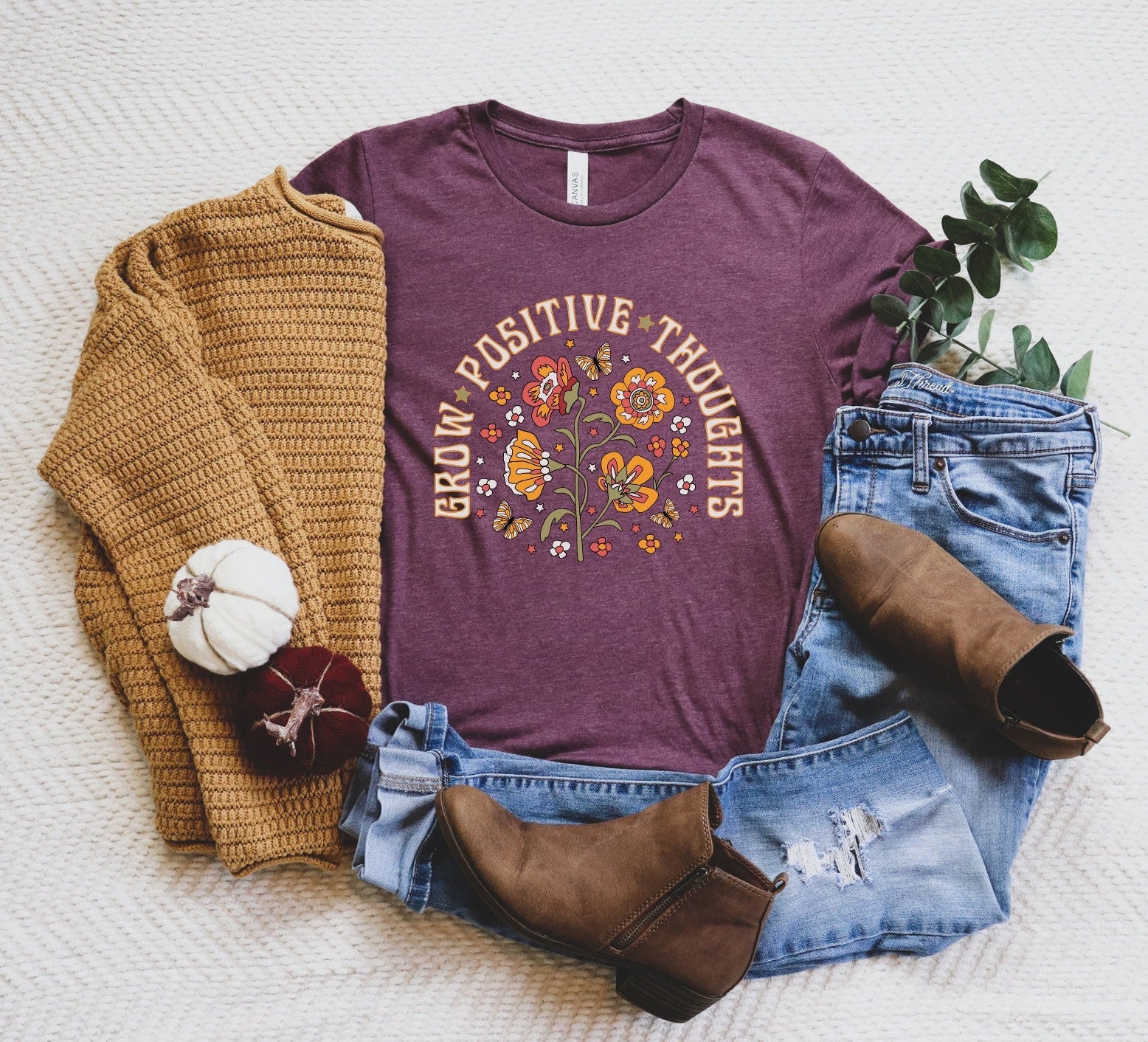 Grow Positive Thoughts Shirt, Positive Thought T-Shirt, Mental Health Shirt, Positivity Shirt, Kindness T-Shirt, Aesthetic Flowers Shirt