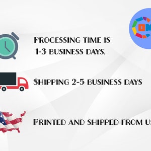May include: A graphic with an alarm clock, a delivery truck, and a map of the United States. The text reads "PROCESSING TIME IS 1-3 BUSINESS DAYS. SHIPPING 2-5 BUSINESS DAYS. PRINTED AND SHIPPED FROM USA."