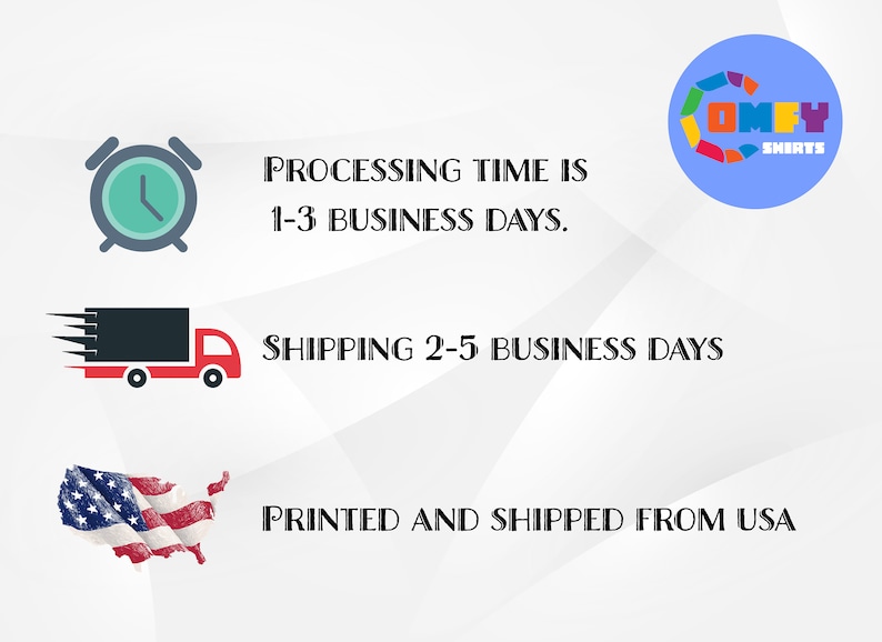 May include: A graphic with an alarm clock, a delivery truck, and a map of the United States. The text reads "PROCESSING TIME IS 1-3 BUSINESS DAYS. SHIPPING 2-5 BUSINESS DAYS. PRINTED AND SHIPPED FROM USA."