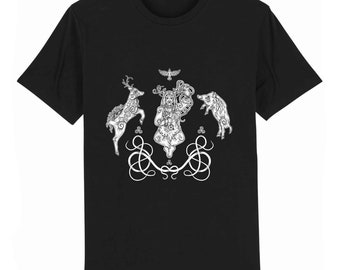 May include: Black t-shirt with a white graphic design featuring a woman surrounded by a deer, a boar, and a bird. The design includes intricate knotwork and Celtic symbols.