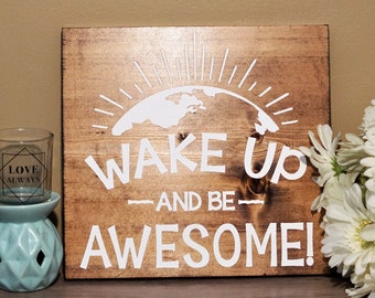 wake up and be awesome wood sign | positive sign | home decor | home office decor | motivational inspirational gift wall decor hanging  sign