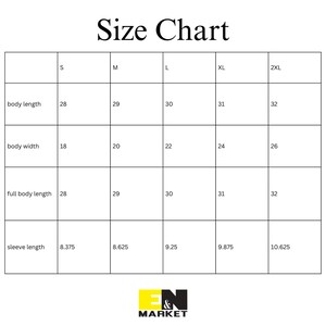 May include: Size chart for clothing with measurements in inches for sizes S, M, L, XL, and 2XL. Measurements include body length, body width, full body length, and sleeve length.