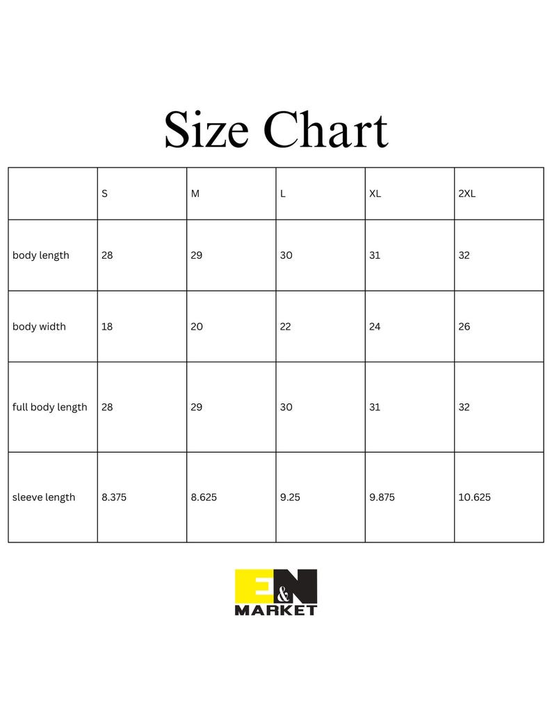 May include: Size chart for clothing with measurements in inches for sizes S, M, L, XL, and 2XL. Measurements include body length, body width, full body length, and sleeve length.