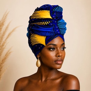 Afrikanskt tryckt huvudband för kvinnor, Ankara turban huvudband, blå guld afrikansk huvudband, nigeriansk gelé stil, afro boho hårband present